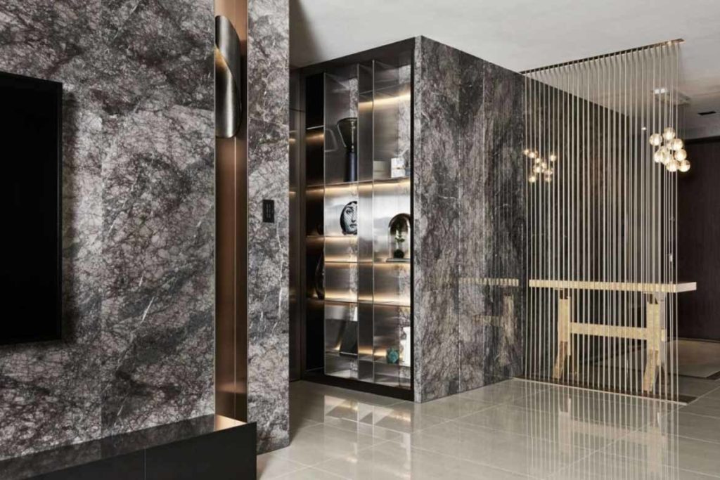 dark grey marble walls