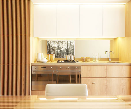 Central Park One interior, with heavy use of timber and tones of driftwood and woven grasses.