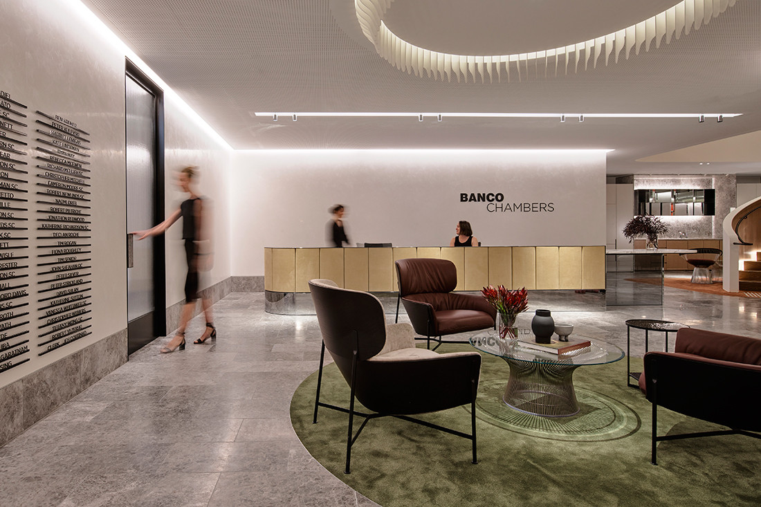 Entrance foyer and reception desk of Banco Chambers Martin Place office fitout, designed by Bates Smart