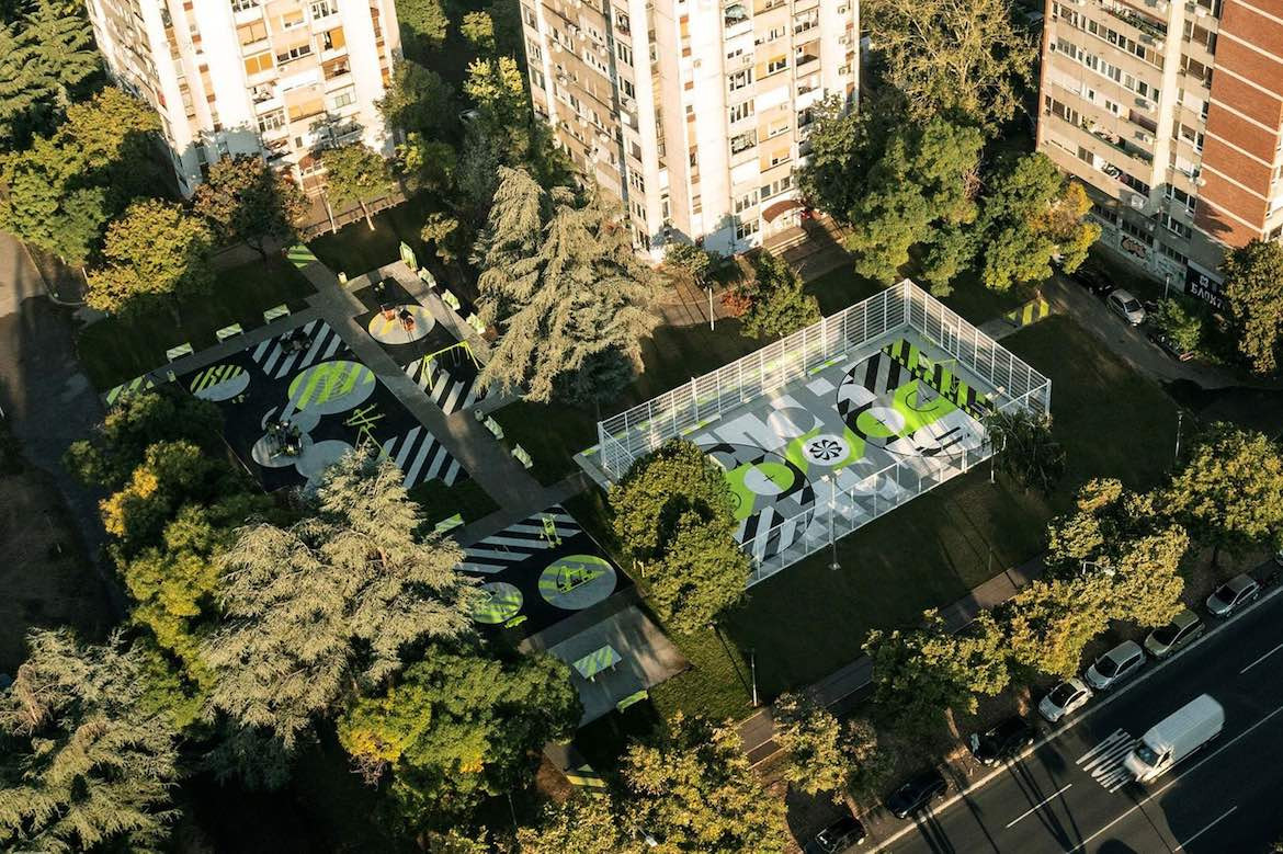 Bird's eye view of Nike and Accept & Proceed's recycled Basketball court