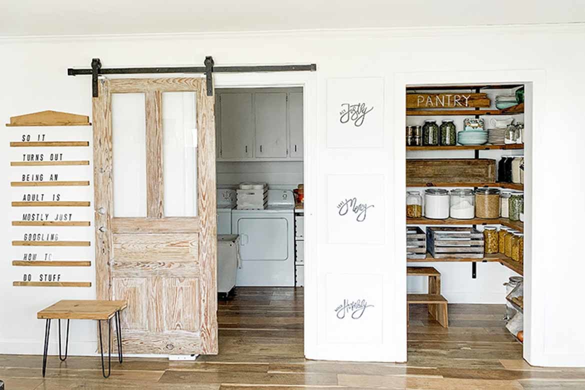 butlers pantry with rustic sliding barn door