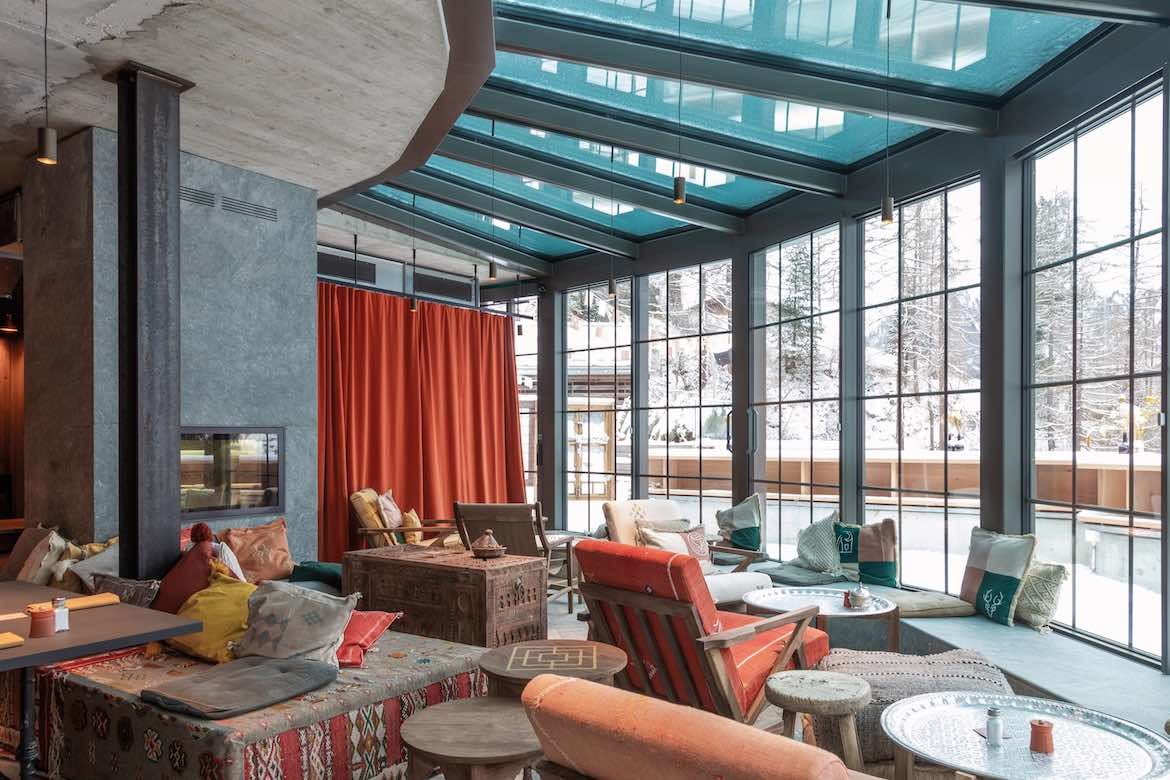A communal area in Design Hotels' Cervo Mountain resort, a hotel which maintains a strong digital footprint.