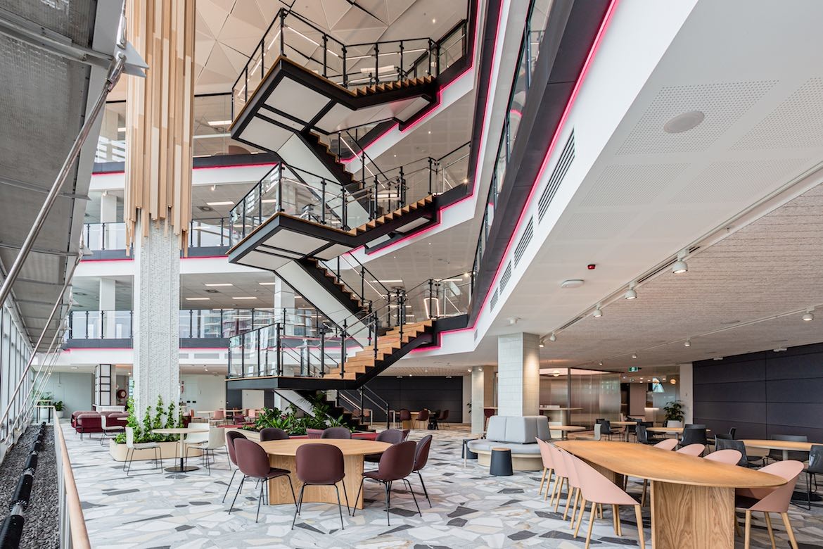 A black-framed staircase in the Aware Super office in Sydney, by Futurespace/ Future x Collective