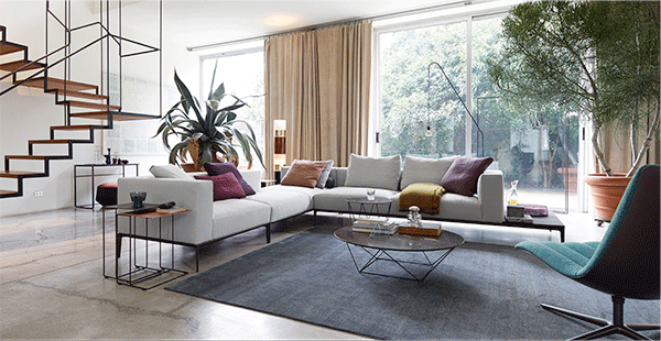 Jaan Living, designed by EOOS. Nonchalance de luxe for expansive living landscapes. With spacious seat elements on a delicate framework – the hallmark of the award-winning range. On its own the upholstered bench works in an entrée, lobby or gallery. Jaan Living is a lot of things – but not down-to-earth. It is far too elevated for that.