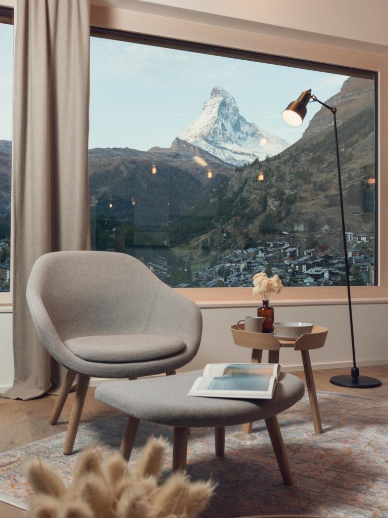 A seating area in Design Hotels' Cervo Mountain resort, a hotel which maintains a strong digital footprint.