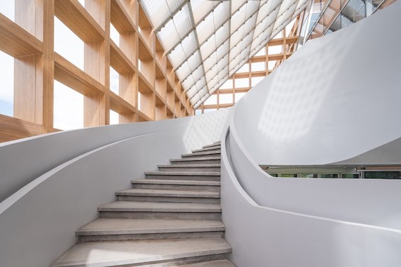 A view looking up the spiral staircase in Sanya Farm Lab.