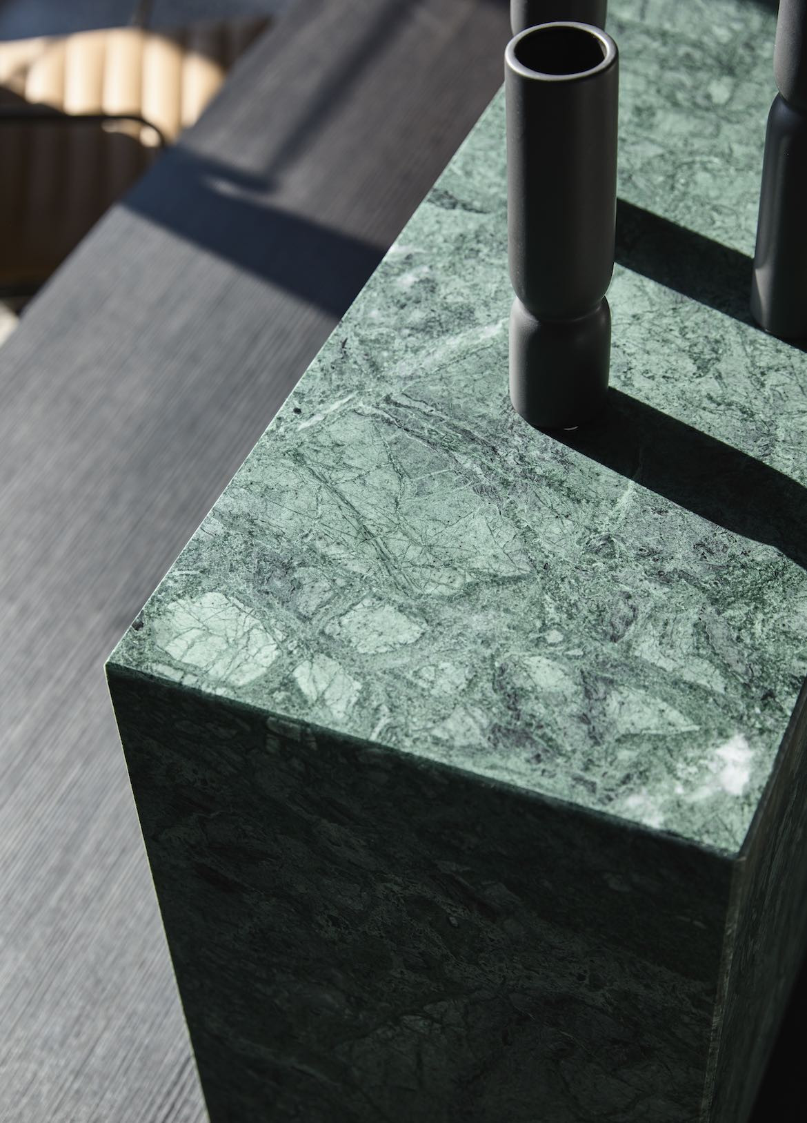 The green stone reception bench in the McCluskey Studio and SJB designed medical practice.