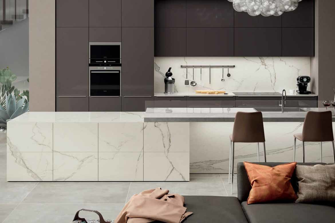 porcelain kitchen benchtop white with black accents