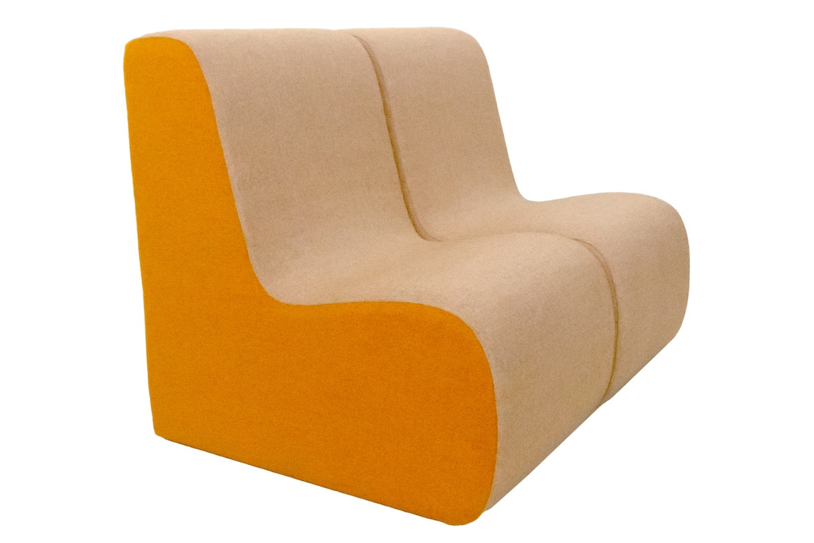 Two Curve Lounge chairs with light orange upholstery on the top and bright orange upholstery on the sides on a white background.