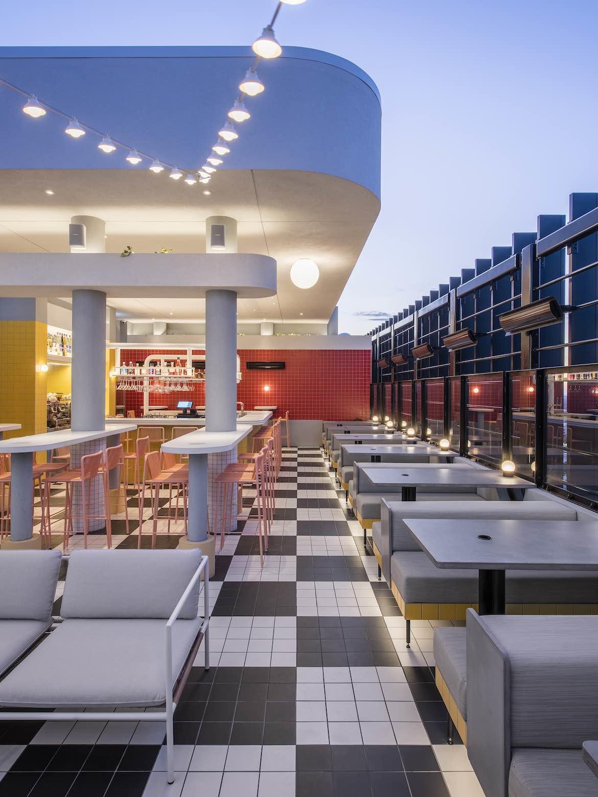 A different surface finish strategy for every space in Hotel Indigo's rooftop space.