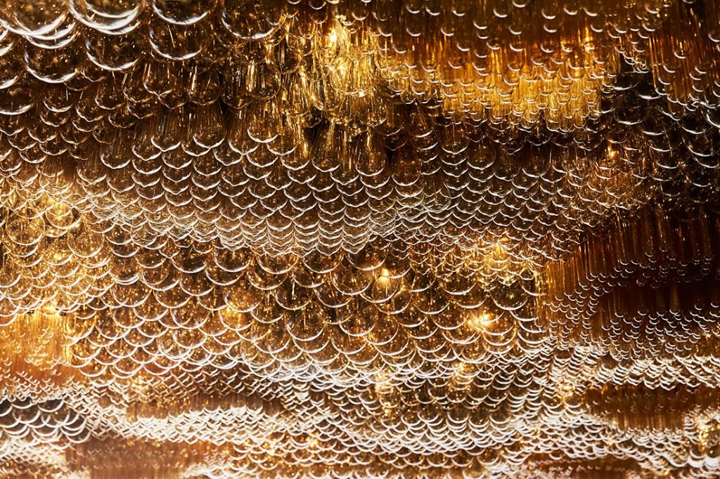 A detail of the spectacular lighting installation in the hotel restaurant Doot Doot Doot, designed by Carr with Fabio Ongarato Design.