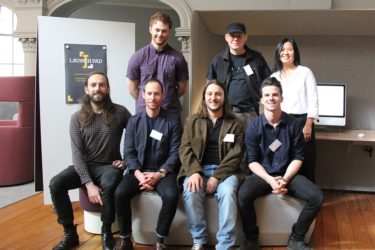 Launch Pad 2018 live judging: Finalists and entrants (Back row L-R): Max Leishman, Mac Nordman, Jeanie Mulligan. (Front row L-R): Isaac Francis, Dan Layden, Roberto Vessella, Tom Hewitt.