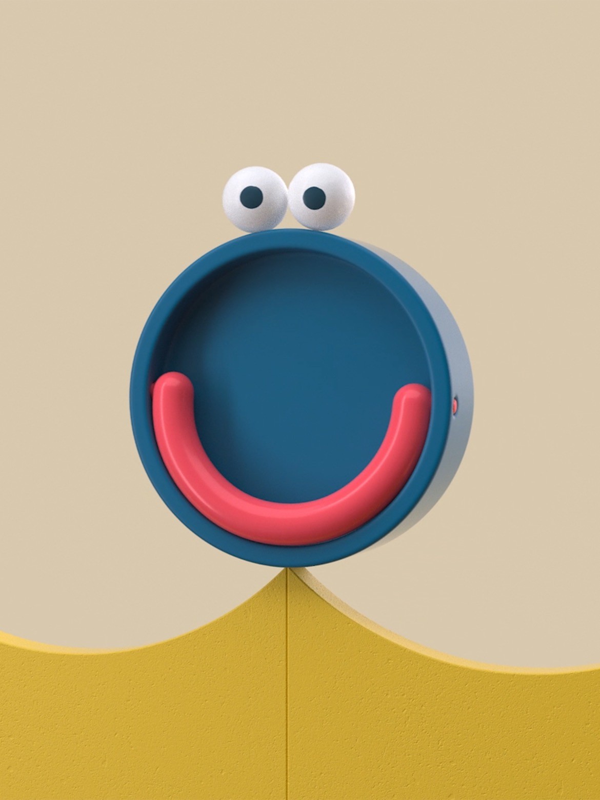 A smiling blue circle rests on the pinnacle of a yellow sculpture. 