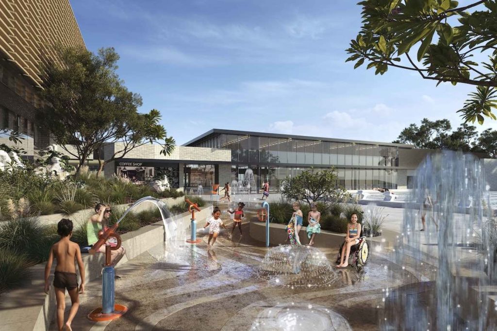 A rendering showing children playing in the outdoor fountains of Northcote Aquatic Centre by Warren and Mahoney.