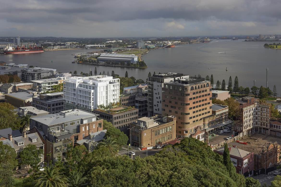 An aerial view of the exterior of Newcastle East End mixed-use development, designed by SJB.