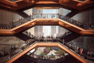 Rendering of an upper-level view through Vessel. Image courtesy Forbes Massie / Heatherwick Studio